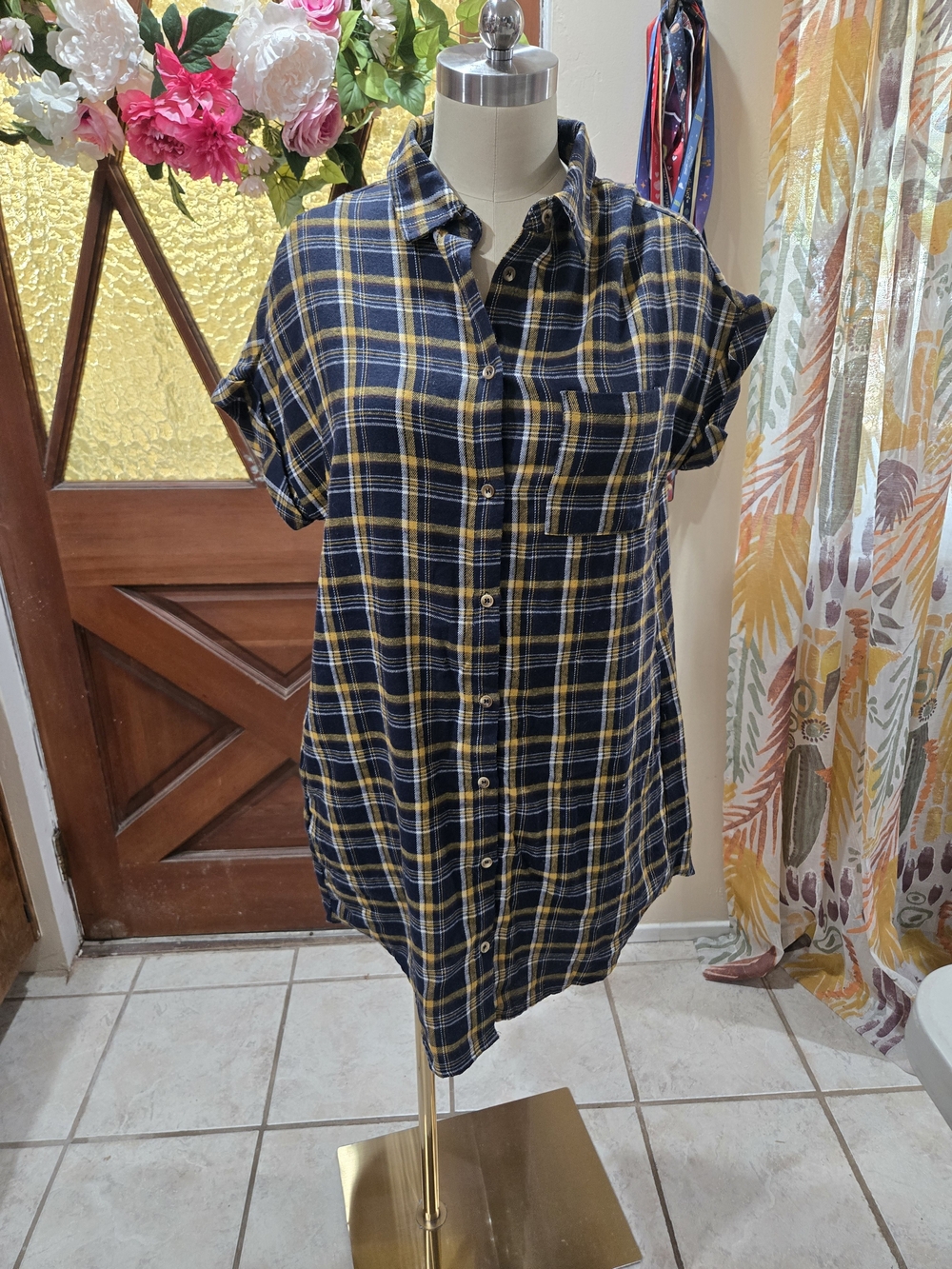 Bluivy Navy and Yellow Plaid Mini Shirt Dress